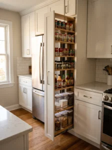 Slim pull-out pantry cabinet beside a refrigerator in a small kitchen