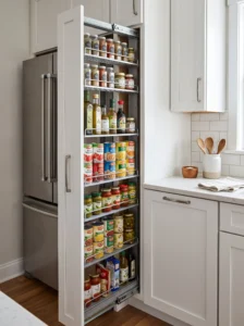 Slim vertical pull-out corner pantry cabinet beside a refrigerator