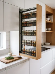 Slim pull-out spice rack filling a narrow gap beside kitchen cabinets