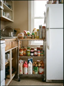 Slim rolling pantry cart providing extra storage in a small kitchen