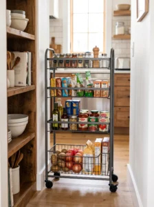 Rolling cart shelving for flexible pantry storage