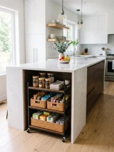 Hidden pantry storage cart tucked beneath a freestanding kitchen island