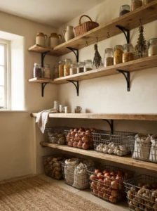 Galvanized wire baskets holding produce on wooden shelves in a farmhouse pantry.