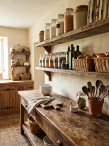 Distressed wood countertop adding rustic character to a farmhouse pantry.
