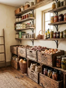 Vintage wooden crates used for storage in a rustic farmhouse pantry.
