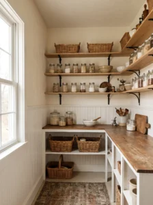 Farmhouse pantry with white beadboard paneling beneath rustic open shelving.