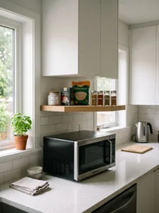 Slim pantry shelf above a countertop microwave for small essentials