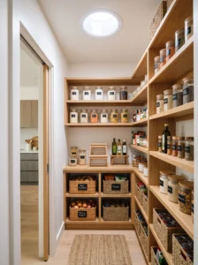 Small pantry illuminated by natural light from a skylight
