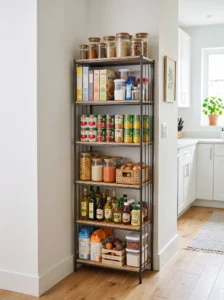 Freestanding shelving unit for a small pantry
