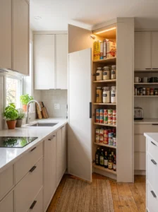 Compact corner pantry designed to maximize storage in a small kitchen