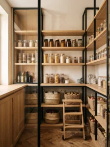 Modern small pantry combining wood, metal and glass materials