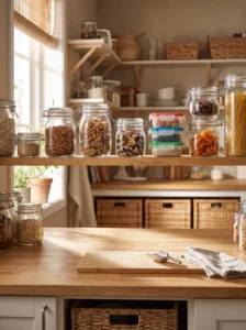 Snack prep pantry zone with nuts, dried fruit and reusable containers