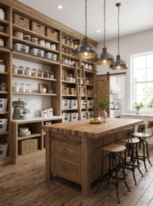 Spacious walk-in pantry featuring a center island, organized shelves, and prep workspace.