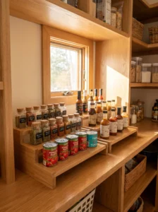 Tiered shelf risers for small jars and cans in a pantry