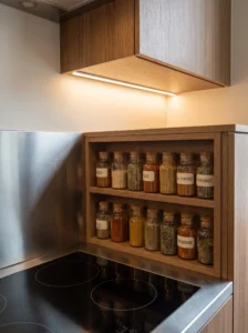 Organized pantry spice blend station with labeled seasoning jars