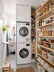 Stacked washer and dryer creating space for pantry shelving