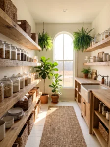 Bright walk-in pantry with natural sunlight, wooden shelves, and organized storage containers.