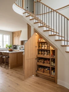 Under-stairs corner pantry conversion creating hidden kitchen storage