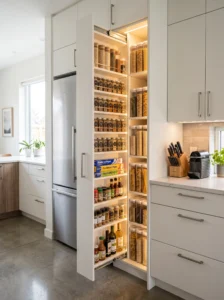 Vertical pantry storage slot beside the refrigerator
