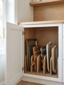 Vertical baking sheet and tray storage inside a small kitchen cabinet