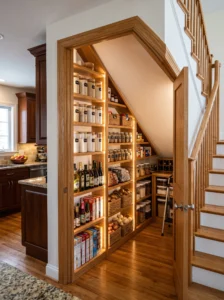 Walk-in pantry tucked beneath a staircase with sloped shelving