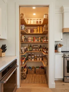 Narrow pantry with a space-saving sliding pocket door