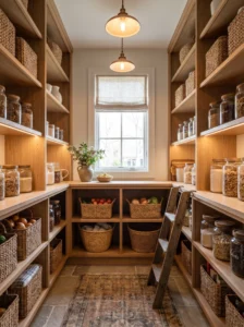 Walk-in pantry with natural wood shelving, glass jars, and warm farmhouse design.