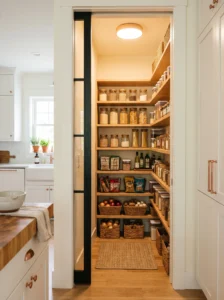 Well-lit narrow walk-in pantry with a space-saving pocket door