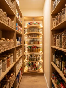 Rotating corner shelf making an awkward pantry corner accessible