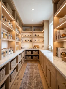 U-shaped walk-in pantry with wooden shelving, organized glass jars, woven baskets, and bright modern lighting.