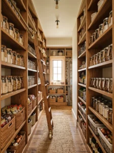 Slim rolling library ladder reaching tall shelves in a narrow pantry