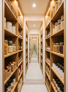 Back-wall mirror making a narrow walk-in pantry feel more spacious