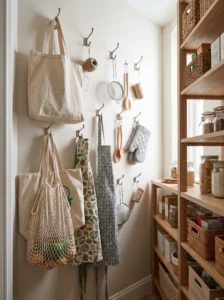 Pantry wall hooks for aprons bags and reusable totes