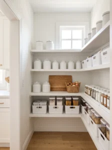Bright monochrome white pantry designed to make a small space feel larger