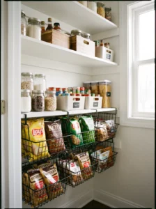 Under-shelf wire baskets storing snacks in a small pantry