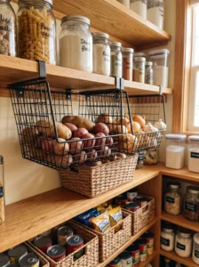 Under-shelf hanging baskets for pantry produce storage