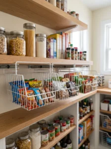Under-shelf hanging baskets adding extra pantry storage
