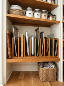 Vertical tray dividers for baking sheets and cutting boards