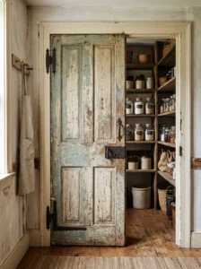 Salvaged vintage wooden door used as a farmhouse pantry entrance.
