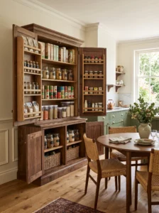 Furniture-style kitchen hutch used as a hidden secondary pantry