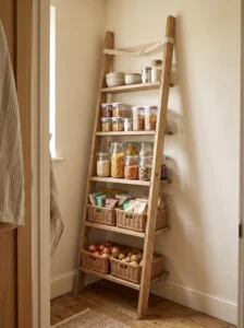 Slim ladder shelf providing storage in a very narrow pantry