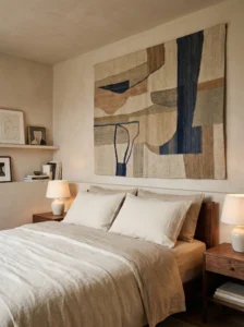 Master bedroom anchored by oversized artwork above the bed instead of a headboard