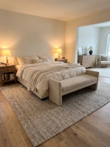 Master bedroom with an upholstered bench placed at the foot of the bed