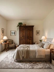 Master bedroom layout designed around a large inherited antique furniture piece