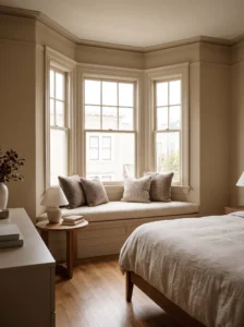 Master bedroom with a cozy built-in bay window seat used as a layout anchor