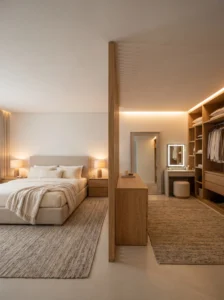 Large primary bedroom divided into separate sleeping and dressing zones