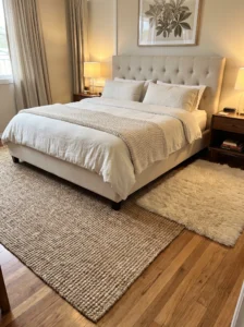 Master bedroom with layered jute and soft rugs creating a boutique hotel feel