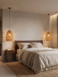 Master bedroom with matching pendant lights framing the bed instead of table lamps