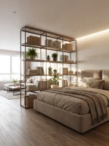 Open-plan bedroom using a tall open bookshelf as a room divider