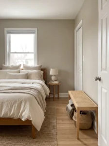 Compact bedroom with a slim wall bench used instead of a foot-of-bed bench